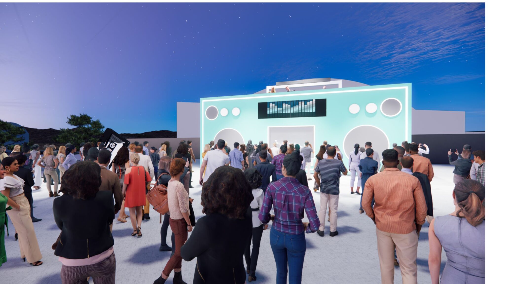 A crowd gathers in front of a large stage designed to look like a boombox, with people facing the DJ performing at the top. Battle Royal Studios