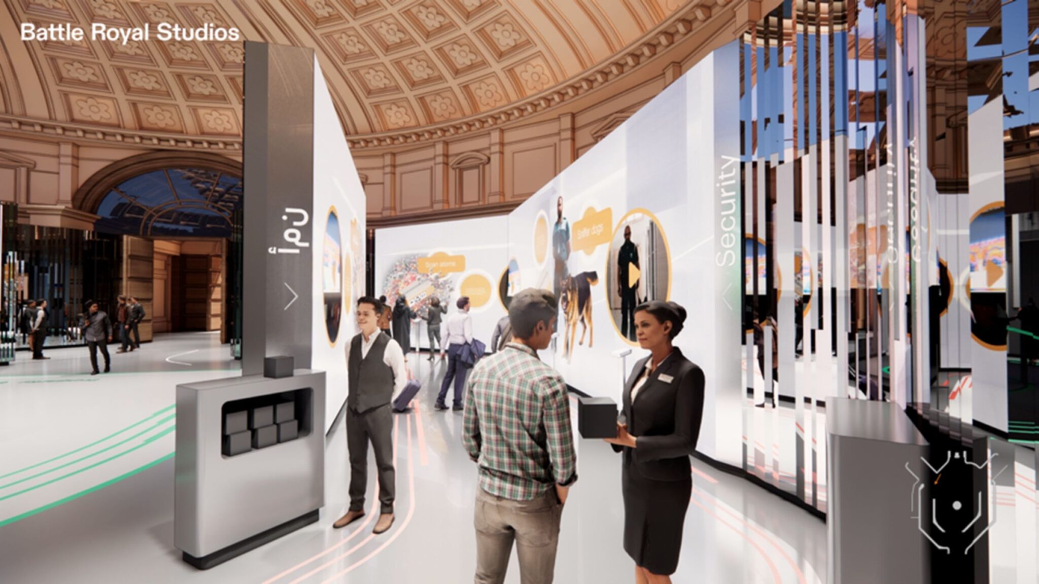 People are interacting in a modern exhibition hall with digital displays and curved architecture, as staff members assist attendees. Battle Royal Studios